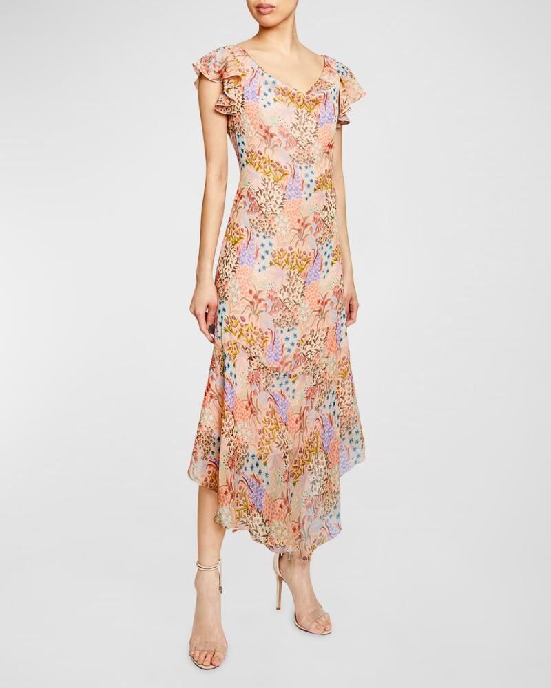 Santorelli Laurel Floral-Print Flutter-Sleeve Midi Dress Cover