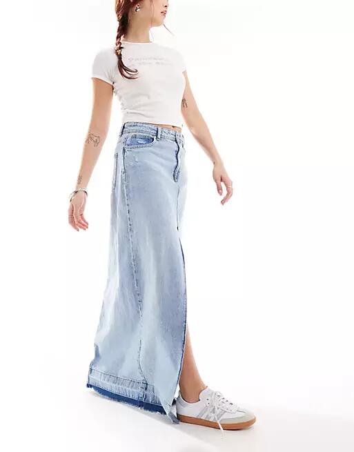 ONLY denim maxi skirt with frayed hem in blue Cover