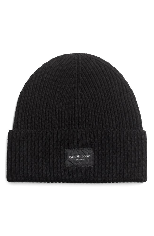 rag & bone Blake Logo Patch Wool Blend Rib Beanie in Black Cover