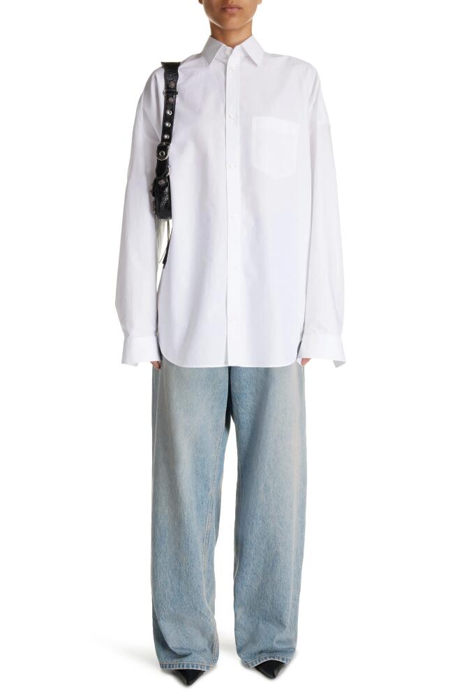 Balenciaga Oversize Crystal Logo Cotton Button-Up Cocoon Shirt in White Cover