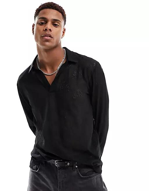 ASOS DESIGN long sleeve polo with deep v neck in black lace Cover