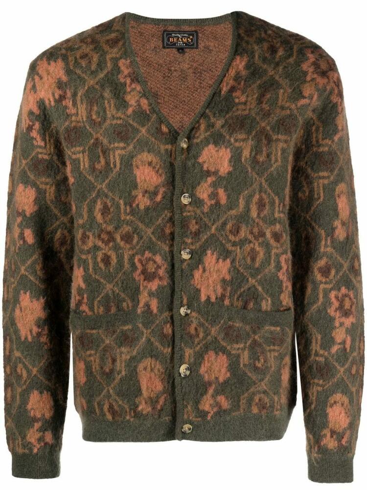 BEAMS PLUS botanical-jacquard V-neck cardigan - Green Cover