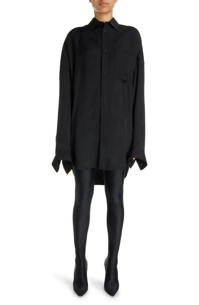 Balenciaga Logo Jacquard Cocoon Long Sleeve High-Low Shirtdress in Black Cover