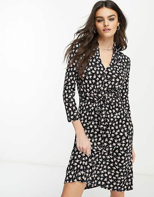 French Connection printed tie waist jersey dress in black-Multi Cover