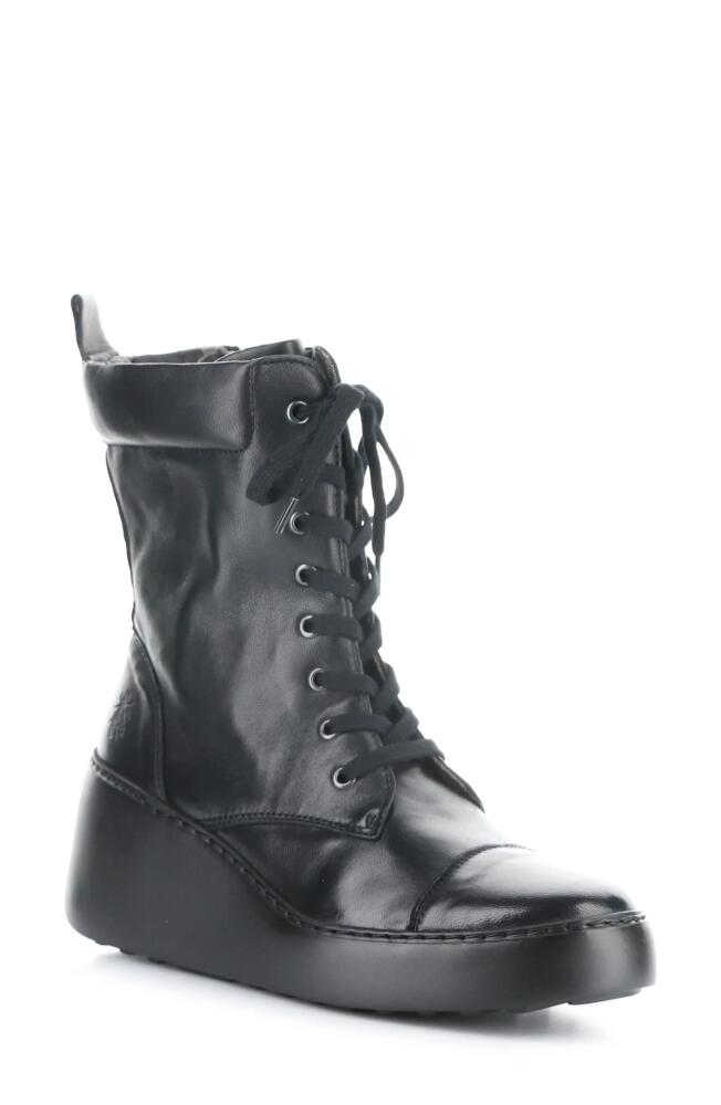 Fly London Daff Wedge Combat Boot in Black Sofia Cover