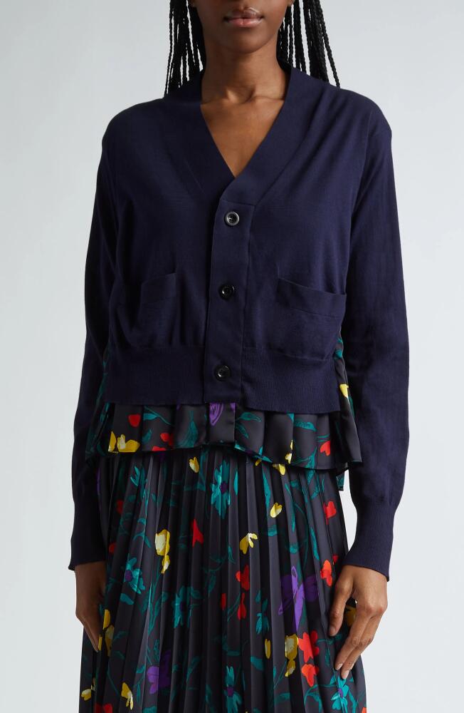 Sacai Floral Print Pleated Back Mixed Media Cardigan in Navy Cover