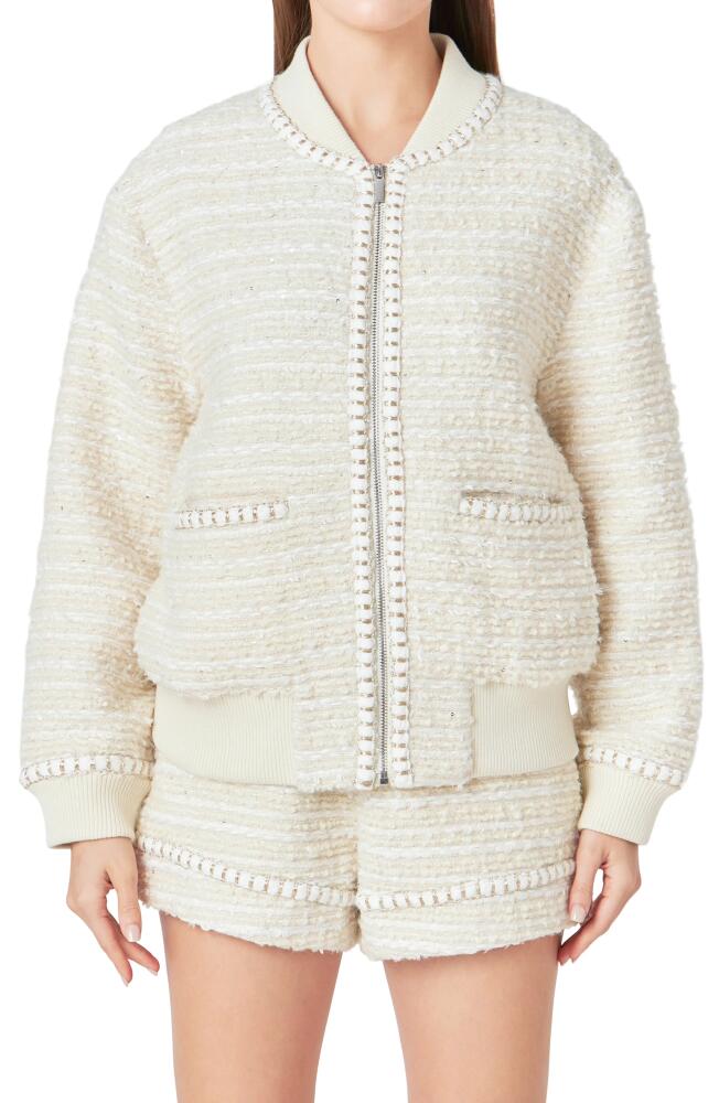 Endless Rose Metallic Thread Detail Tweed Bomber Jacket in Ivory Cover