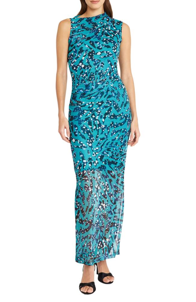 DONNA MORGAN FOR MAGGY Shirred Sleeveless Maxi Dress in Teal Aqua/Blue Cover