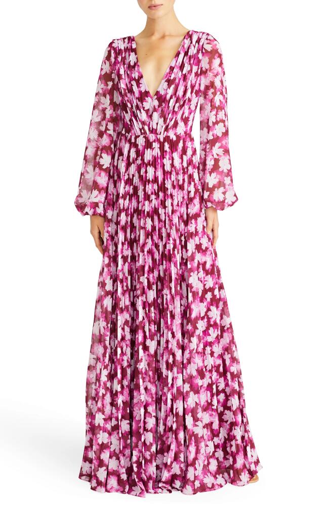 ML Monique Lhuillier Melanie Pleated Floral Long Sleeve Chiffon Gown in Floral Shadow Cover