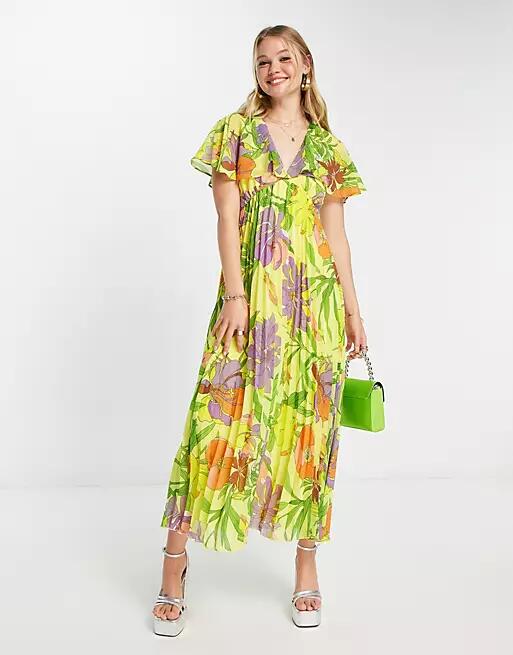 ASOS DESIGN angel cape sleeve pleated hem midi dress in yellow floral print-Multi Cover