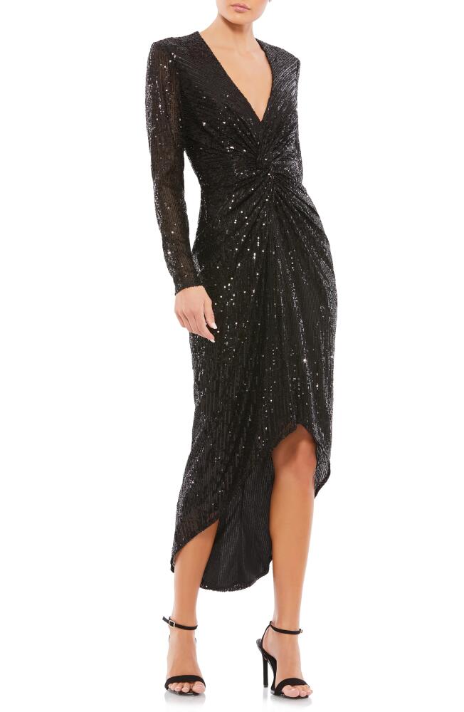 Mac Duggal Metallic Sequin Long Sleeve Faux Wrap Dress in Black Cover