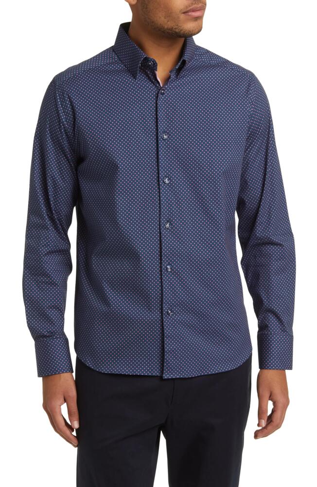 Stone Rose Dot Print Stretch Button-Up Shirt in Navy Cover