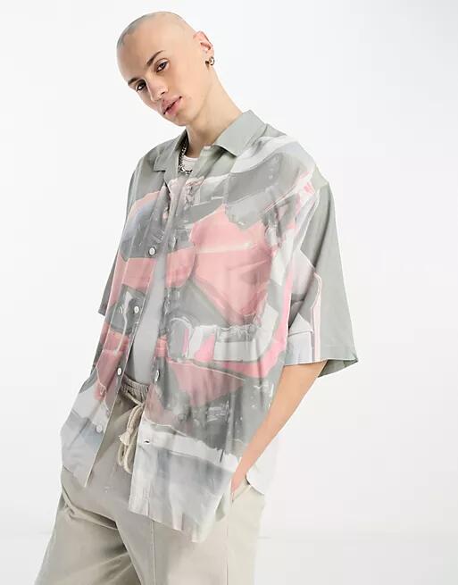 Weekday Oversized resort short sleeve shirt in motor print-Multi Cover