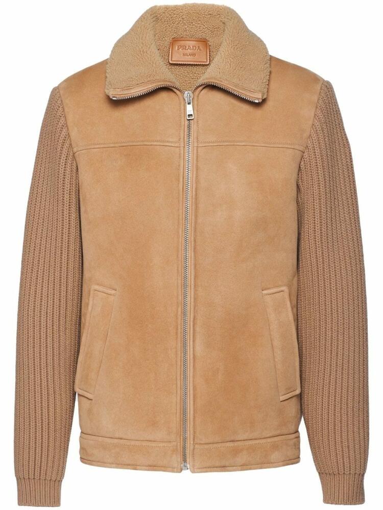 Prada logo-patch shearling zip-up jacket - Brown Cover