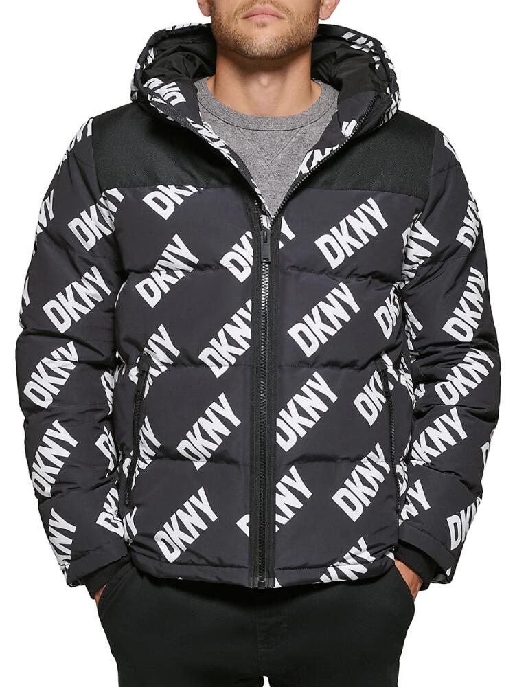 DKNY Men's Classic Fit Logo Hooded Puffer Jacket - Black White Cover