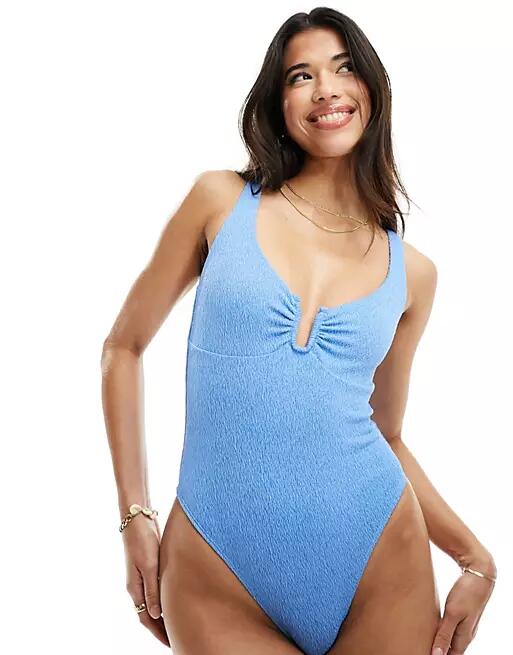 The Frolic myrtle textured U detail gathered bust swimsuit in blue jewel Cover