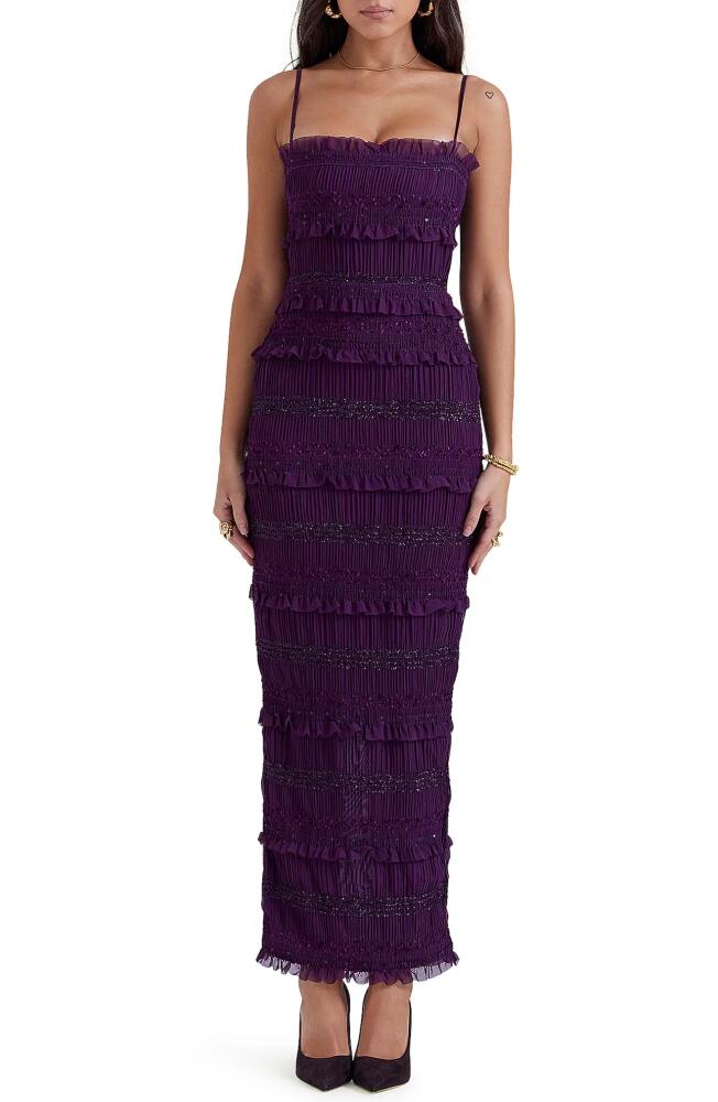 HOUSE OF CB Solana Pleated Ruffle Sequin Body-Con Dress in Dark Purple Cover