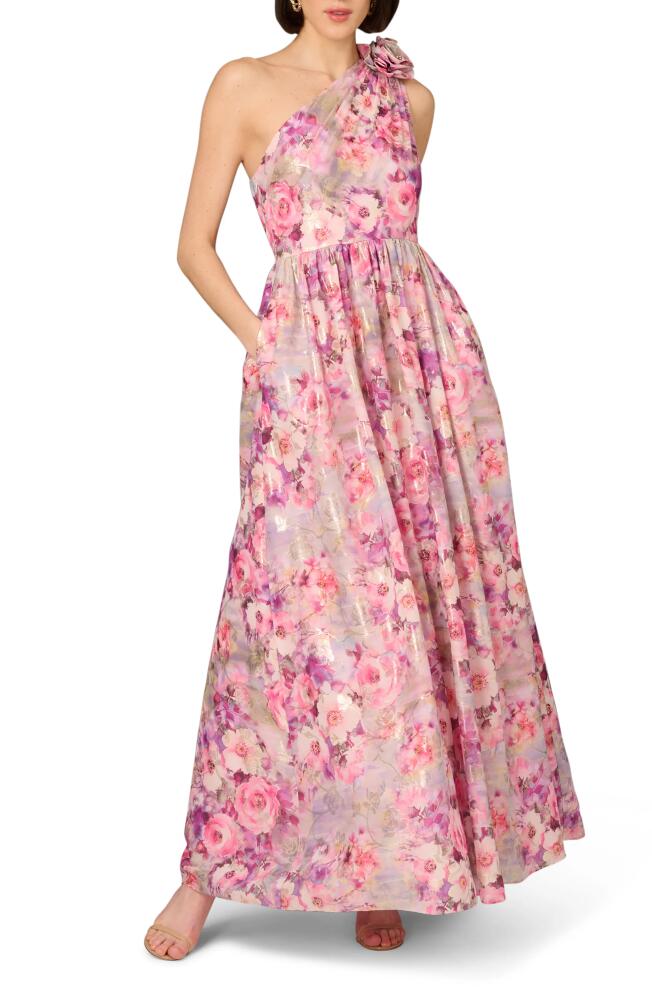 Aidan Mattox by Adrianna Papell Floral One-Shoulder Jacquard Ballgown in Pink Multi Cover