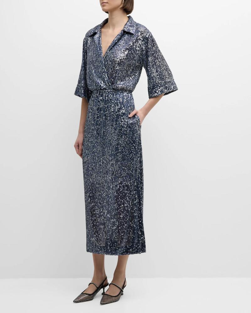 St. John Sequin Embroidered Short-Sleeve Midi Shirtdress Cover