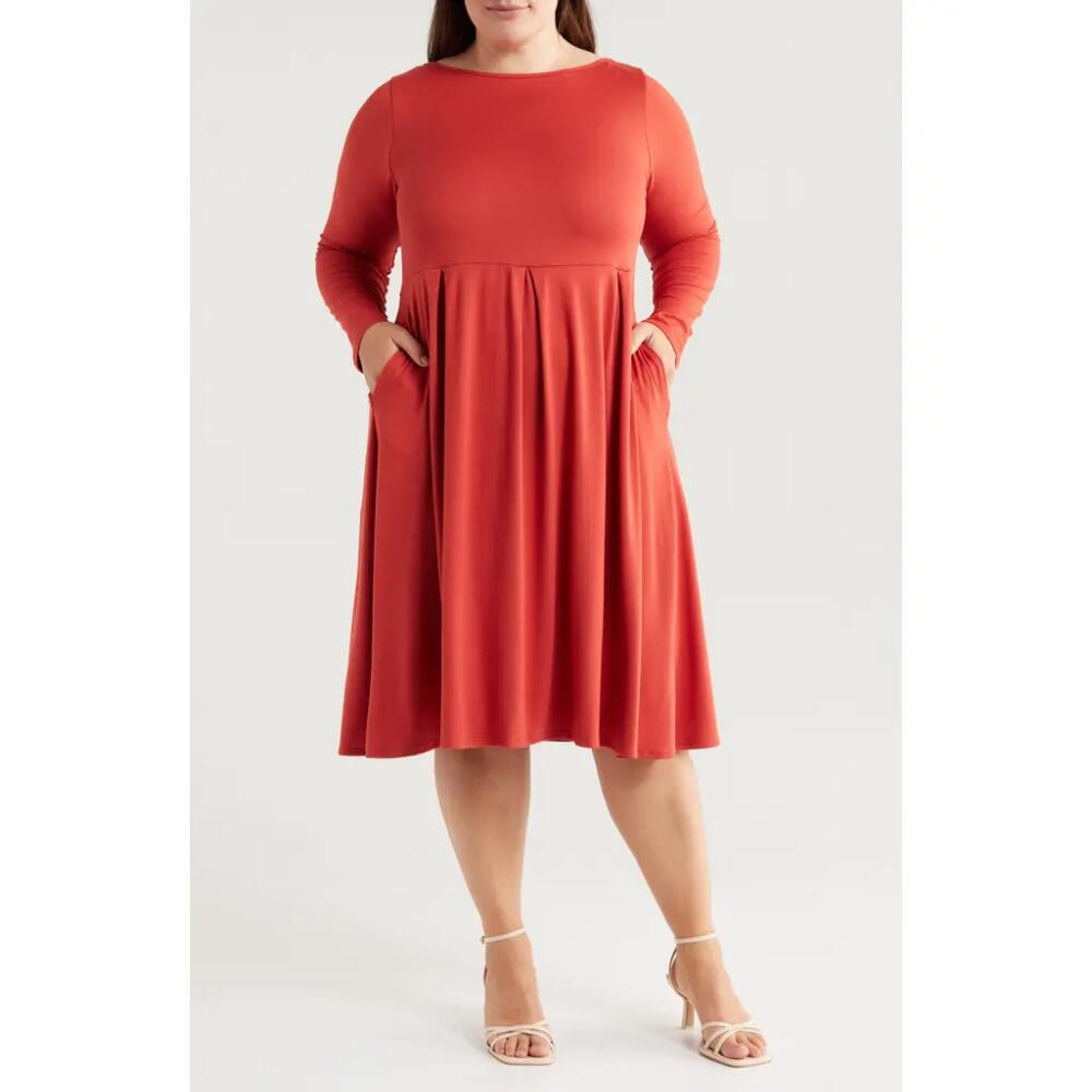 24seven Comfort Apparel Fit & Flare Long Sleeve Jersey Midi Dress in Rust Cover