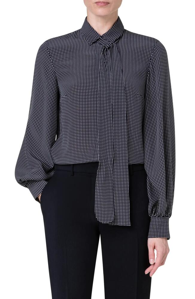 Akris punto Pin Dot Tie Neck Silk Blouse in 093 Black Cover