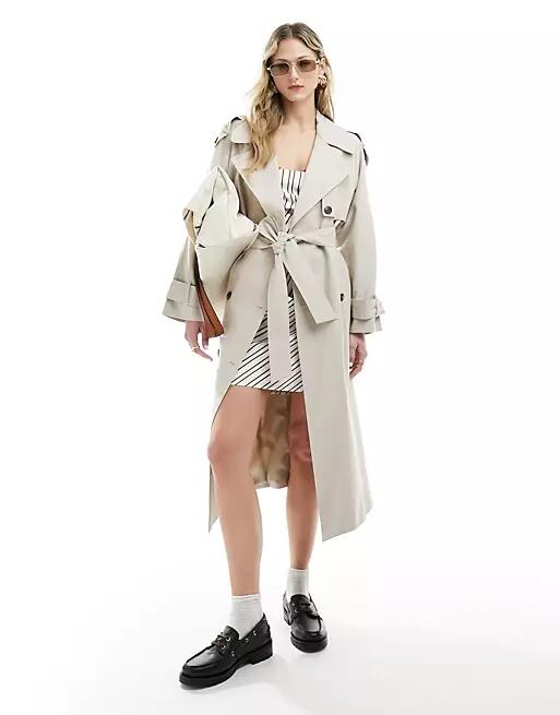 ASOS DESIGN linen mix trench coat in stone-Neutral Cover