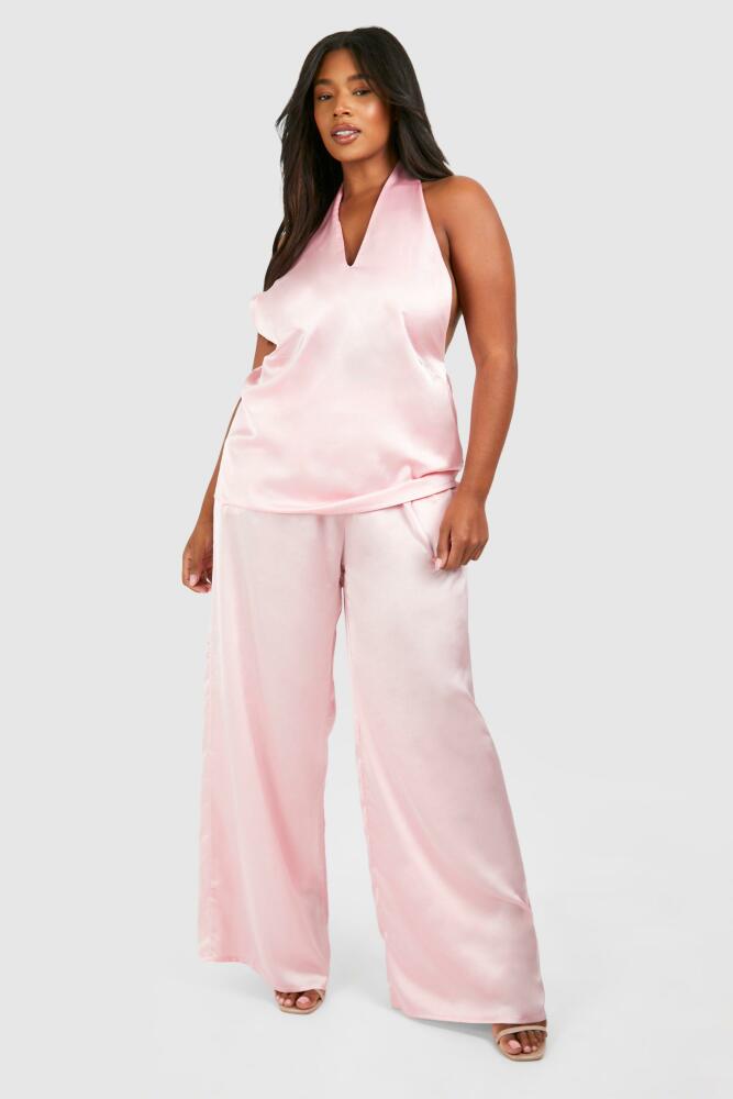 boohoo Womens Plus Satin Tailored Wide Leg Pants - Pink Cover