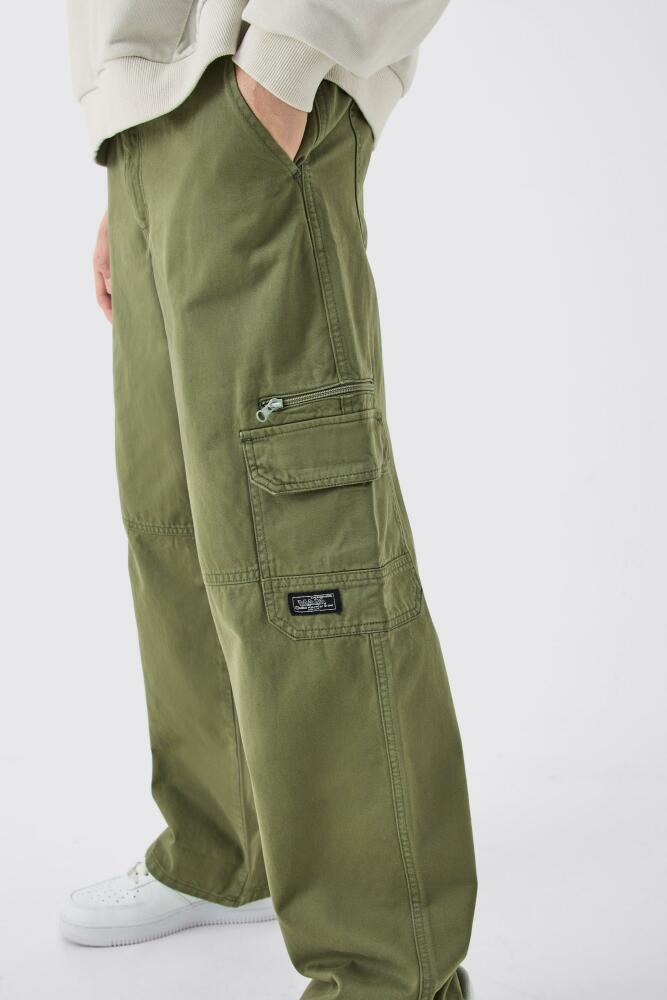 boohoo Mens Fixed Waist Relaxed Cargo Pants With Woven Tab - Green Cover