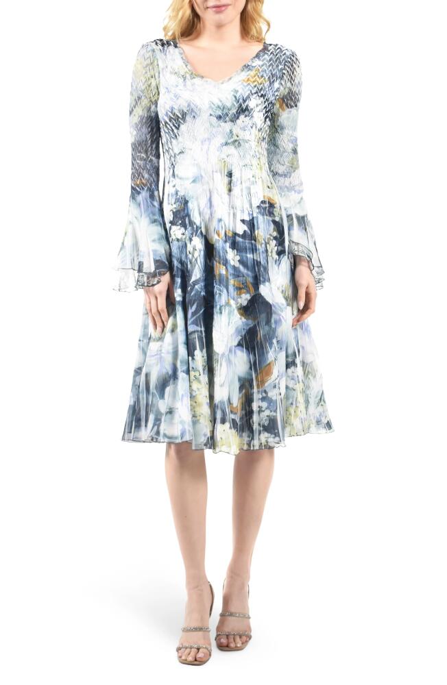 Komarov Long Bell Sleeve Charmeuse & Chiffon A-Line Dress in Painted Petal Cover