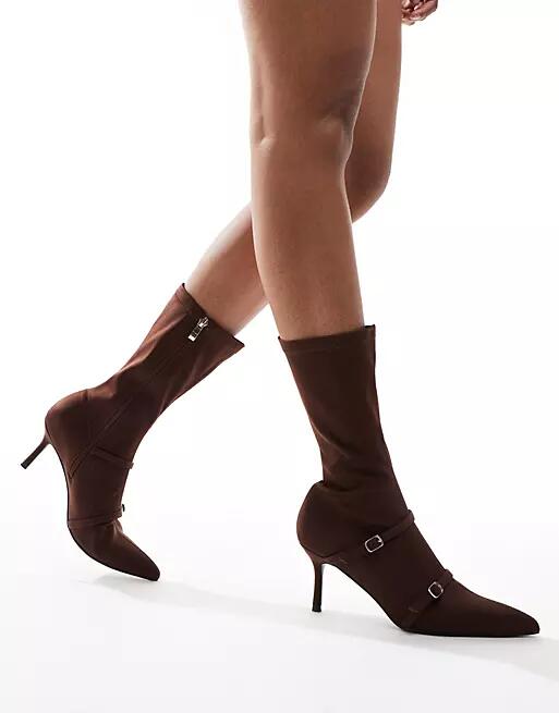 Public Desire Denny heeled pull on Ankle boots with buckles in brown Cover