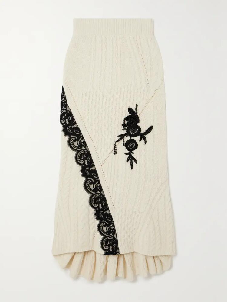 Erdem - Lace-trimmed Embellished Cable-knit Wool-blend Midi Skirt - Cream Cover