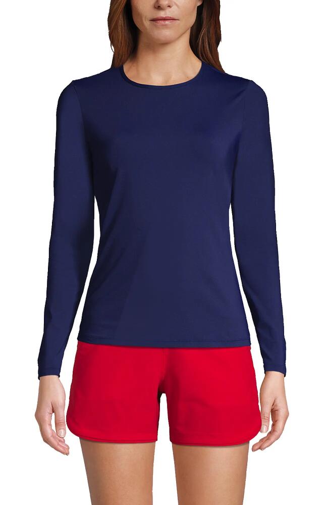 Lands' End Long Crew Neck Long Sleeve Rash Guard UPF 50 Sun Protection Modest Swim Tee in Deep Sea Navy Cover