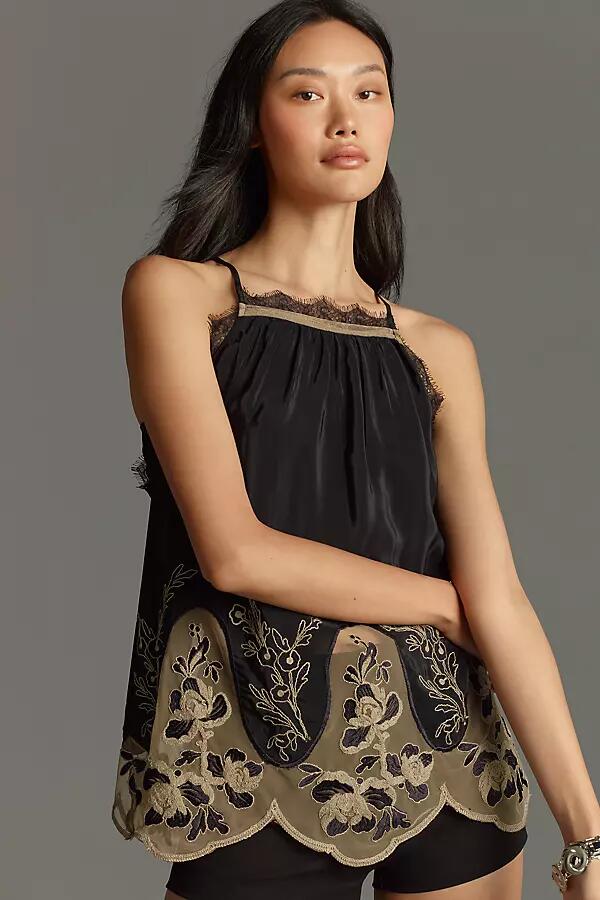 By Anthropologie Flutter-Sleeve Embellished Silky Blouse Cover