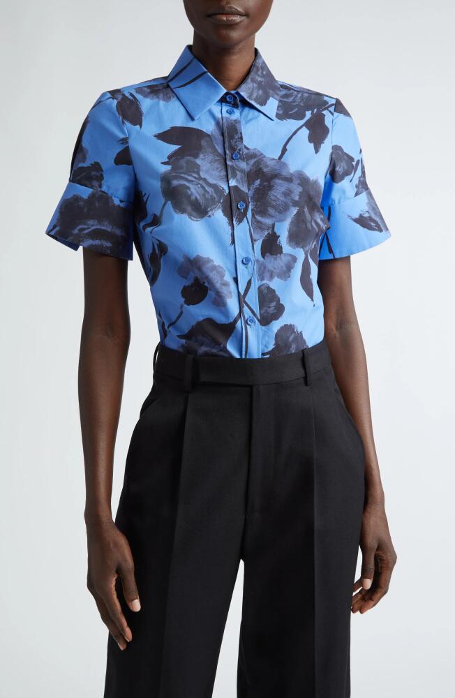 Erdem Floral Short Sleeve Cotton Poplin Button-Up Shirt in Lupin Blue Cover