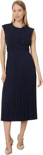 Calvin Klein Cap Sleeve Scuba Crepe Pleated Skirt Dress (Black) Women's Dress Cover