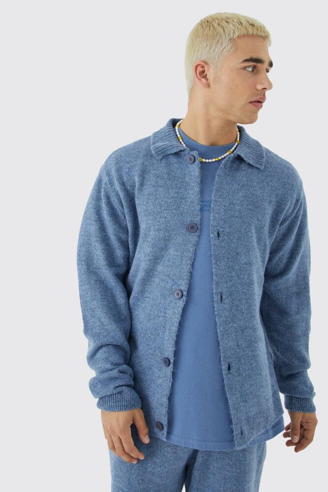 boohoo Mens Brushed Knitted Collared Cardigan - Blue Cover