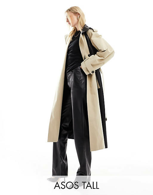 ASOS DESIGN Tall faux leather spliced trench coat in stone and black-Neutral Cover