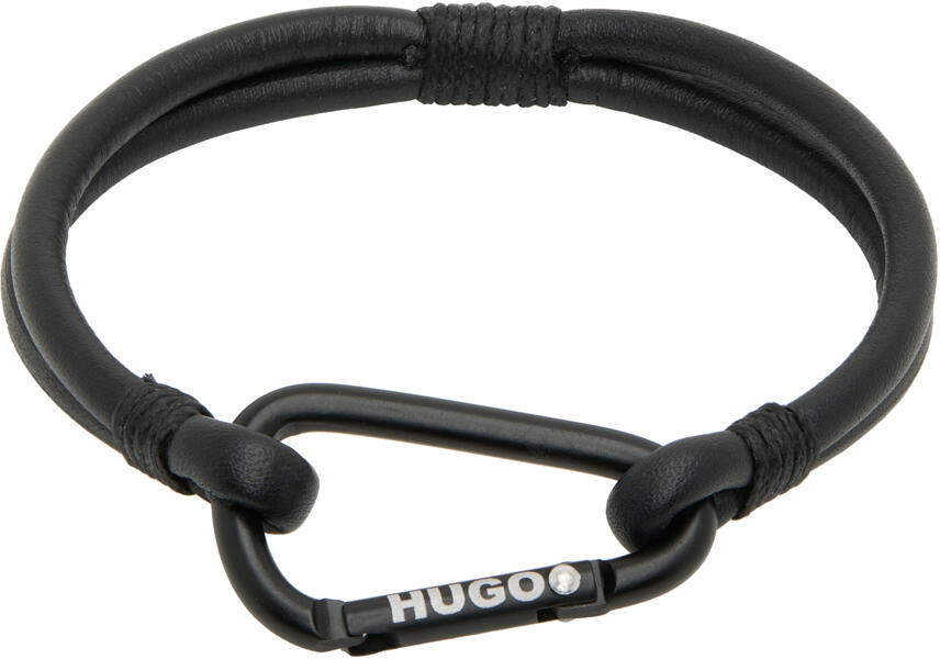 Hugo Black Leather Branded Carabiner Bracelet Cover