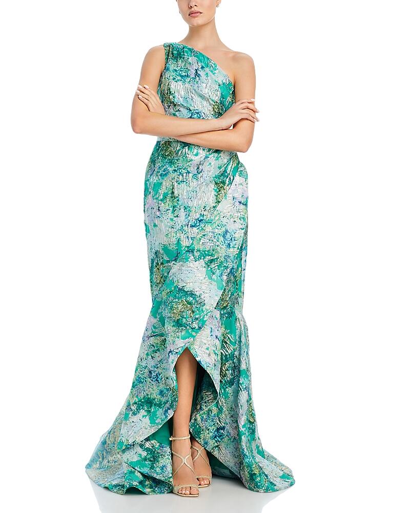 Teri Jon by Rickie Freeman Jacquard Asymmetric Ruffled Gown Cover