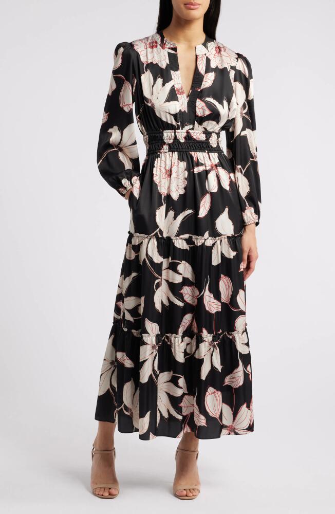 Julia Jordan Floral Long Sleeve Split Neck Dress in Black/Ivory Cover