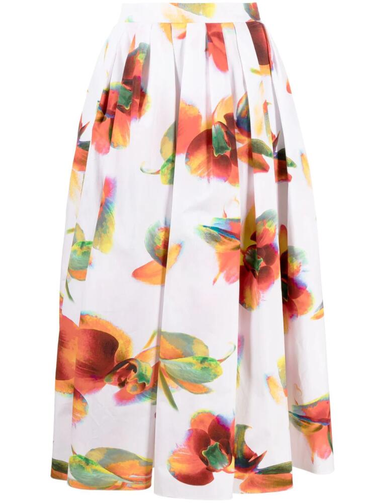 Alexander McQueen Solarised Orchid-print cotton midi skirt - White Cover