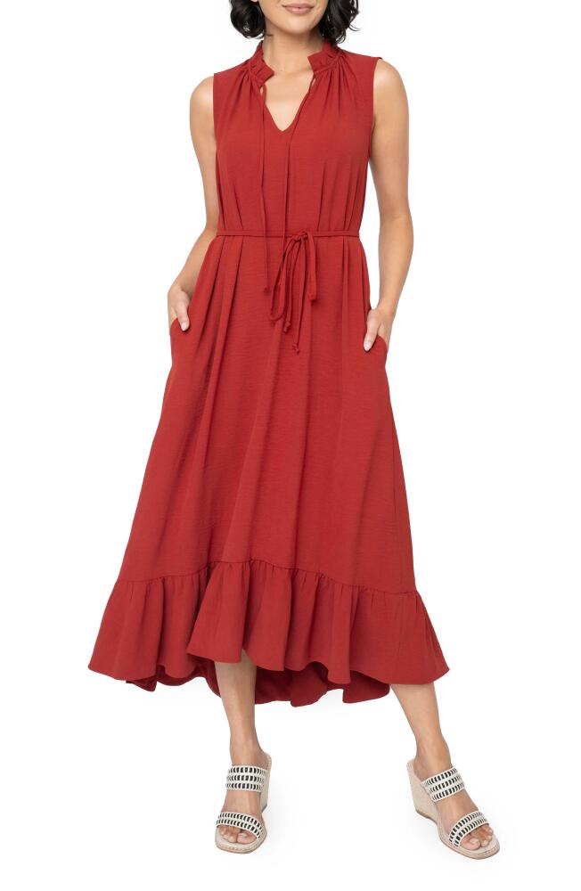 GIBSONLOOK Sienna Split Neck Tie Waist Ruffle Hem High-Low Dress in Rust Cover