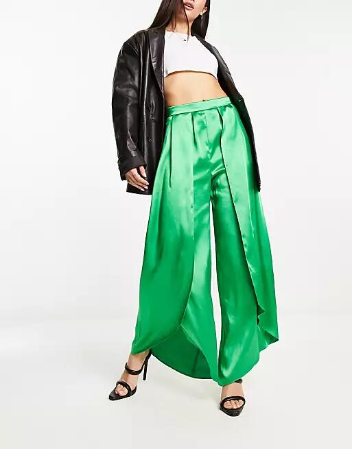 River Island wrap over wide leg satin pants in bright green - part of a set Cover