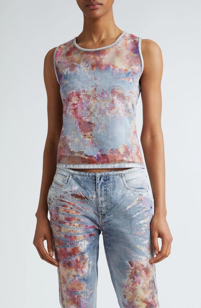 DIESEL Ciri Floral Distressed Denim Tank in Indigo/Pink Floral Cover