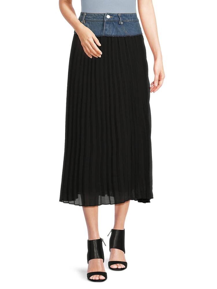 Wdny Women's Mix Media Pleated Midi Skirt - Black Cover