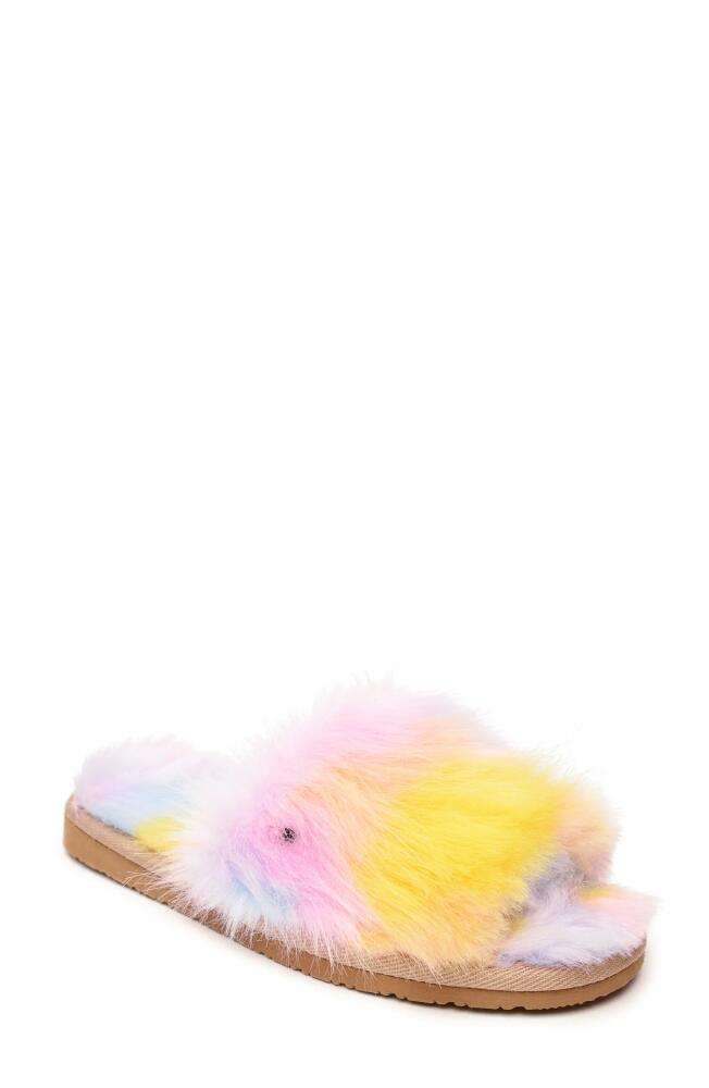 Minnetonka Faux Fur Slide Slipper in Pink Unicorn Cover