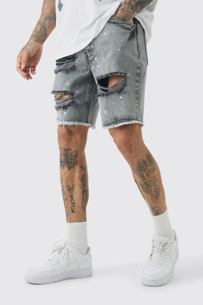 boohoo Mens Tall Slim Rigid Ripped Paint Splatter Jean Shorts In Ice Grey Cover