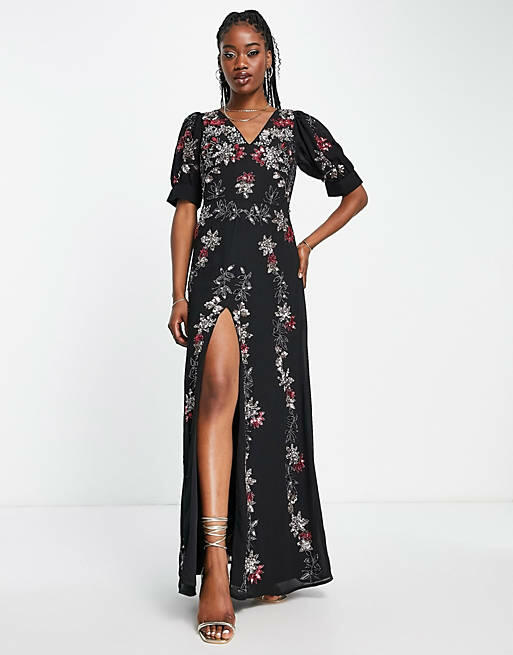 Maya floral embellished maxi dress in black Cover