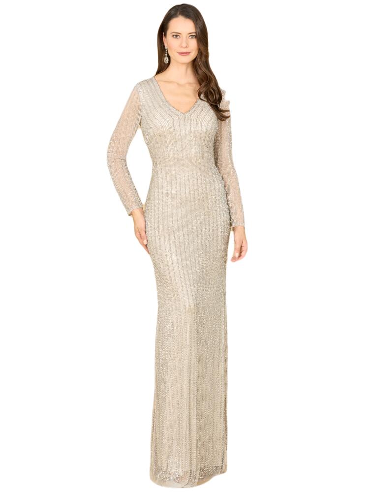 LARA New York Classic V-Neck Beaded Long Sleeve Gown in Silver Cover