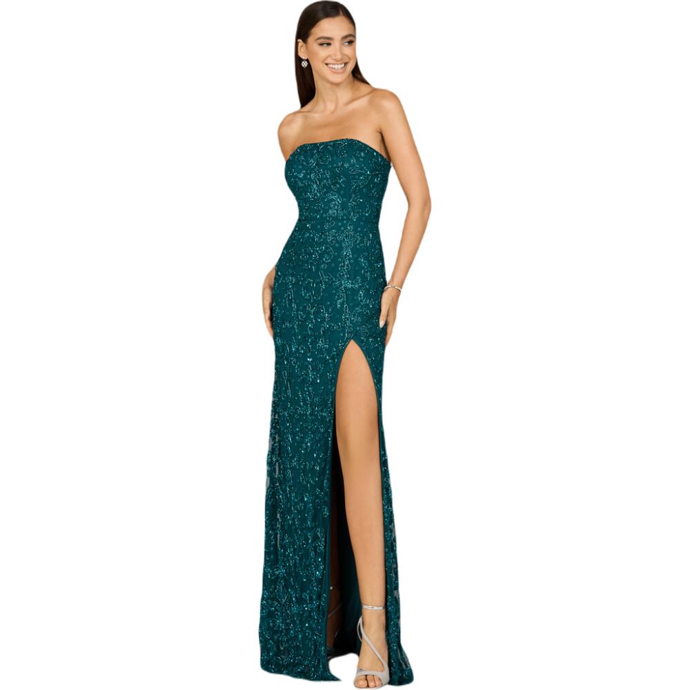 LARA New York Beaded Strapless Dress with Slit in Teal Cover